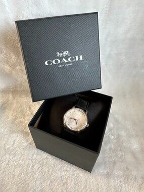 NIB! Coach Women's Watch Grand Silver Logo Dial Black Leather Strap In 28mm Case